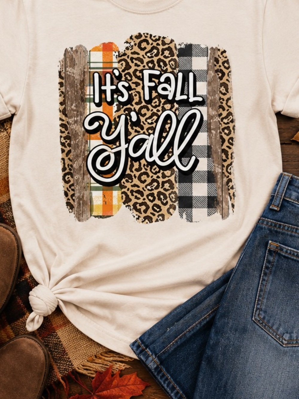 Hand pressed Fall Graphic Tee - Cream Leopard & Plaid Design